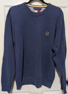 VTG 90s Tommy Hilfiger Mens XL Crewneck Sweater Blue Embroidered Crest Logo